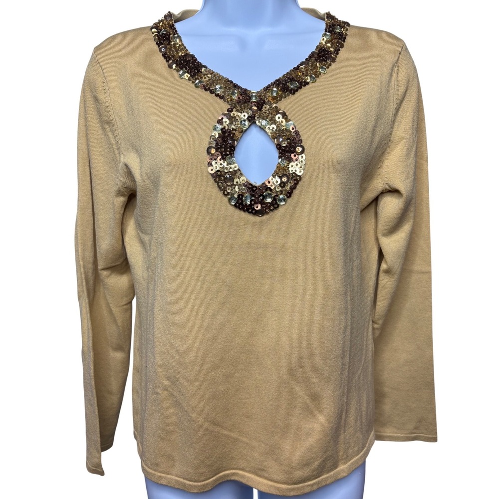 NWT CABLE & GAUGE Womens Gold Sequin Keyhole Silk Blend Sweater M Sparkly Glam